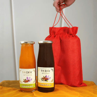 Thandai and Almond Saffron Sunshine gift set by Vedic Spoons