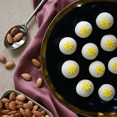 Almond balls with kesar crunch by Vedic Spoons