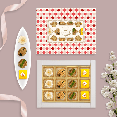 12 Pc Box Badam Flower, Kesar Katli, Walnut Apricot Raisins, Walnut Anjeer Pistachio