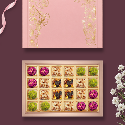 24 pc Box Gulab Gulkand + Roasted Almond +Pistachi Cranberry +Rose Almond Pistachio