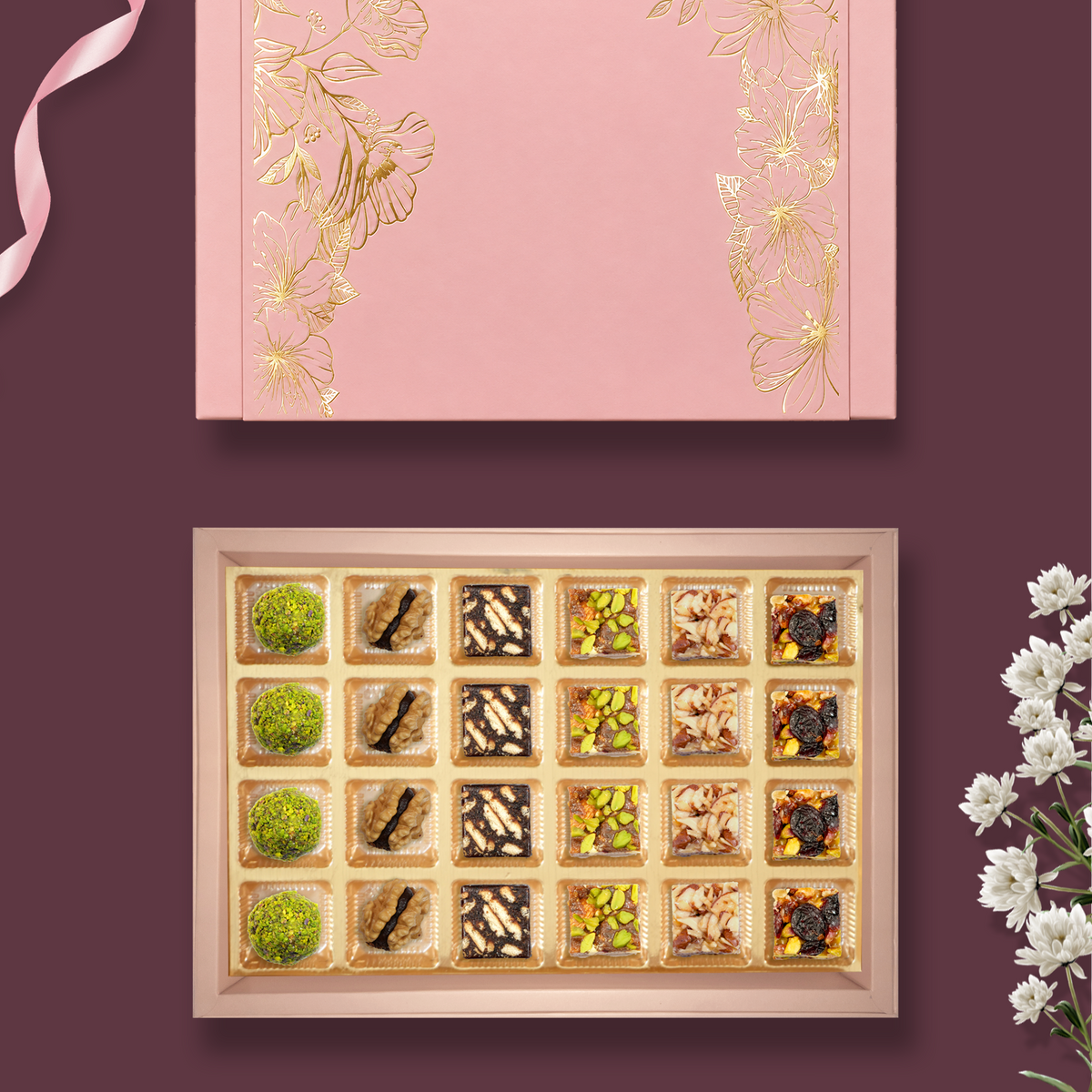24 pc Box Rose Almond Pistacio +Walnut Date Coco +Date Coffee Cookiee +Date DryFruit +Rosted Almond+Pistachi Cranberry