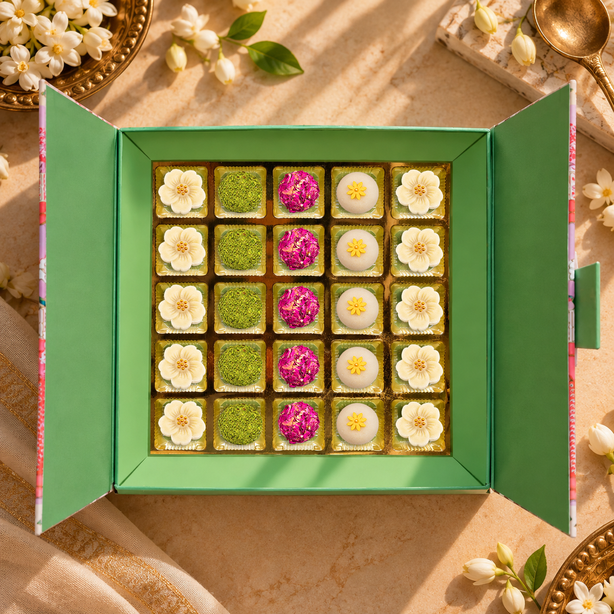 25 Pc Box Kaju Flower + Badam Flower + Rose Almond Pista Ball + Gulab Gulkand + Crunchy Badam Ball