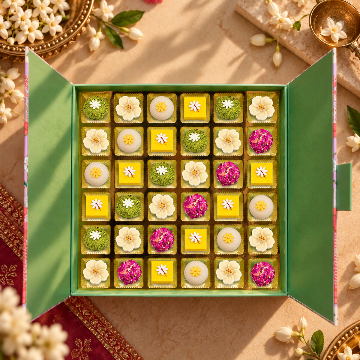 36 Pc Box Kaju Flower + Kesar Katli + Pishori Pista Ball + Gulab Gulkand + Crunchy Badam Ball