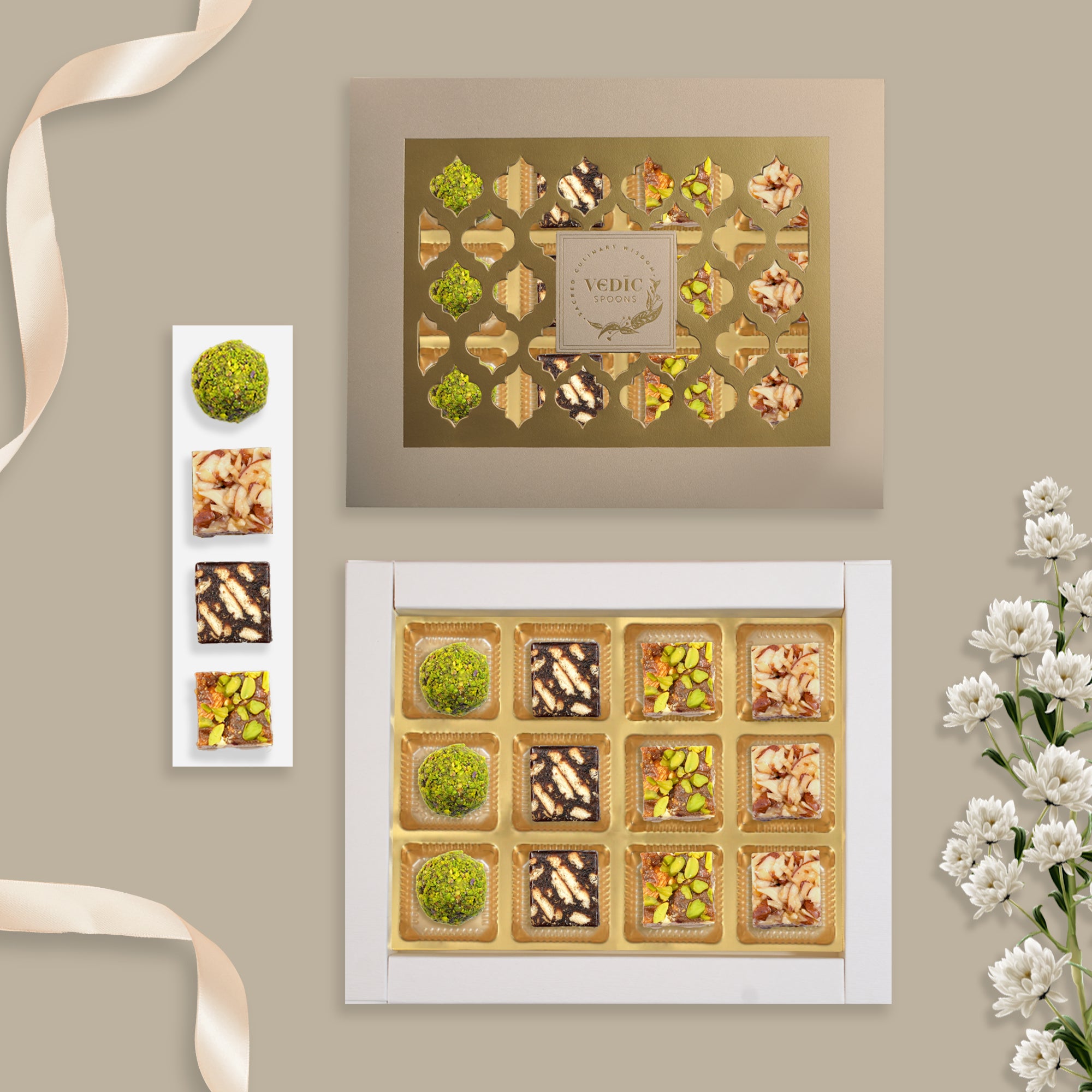 12 Pc Box   Rose Almond Pistacio + Date Coffee Cookiee +Date Dry Fruit + Roasted Almond