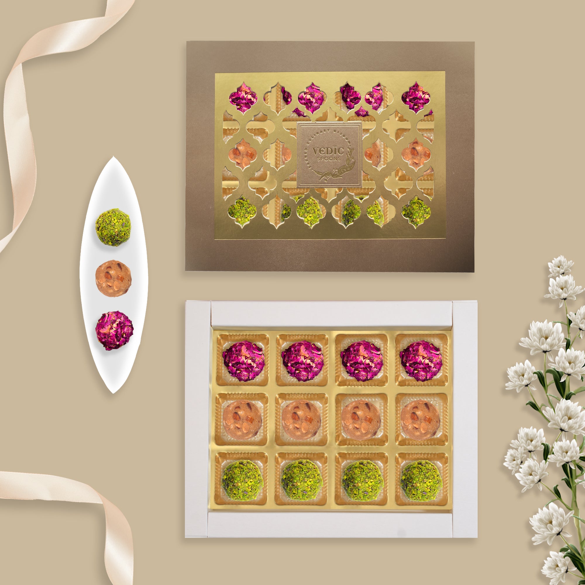 12 Pc Box Gulab Gulkand  + Gond Badam Laddoo + Rose Almond Pistacio