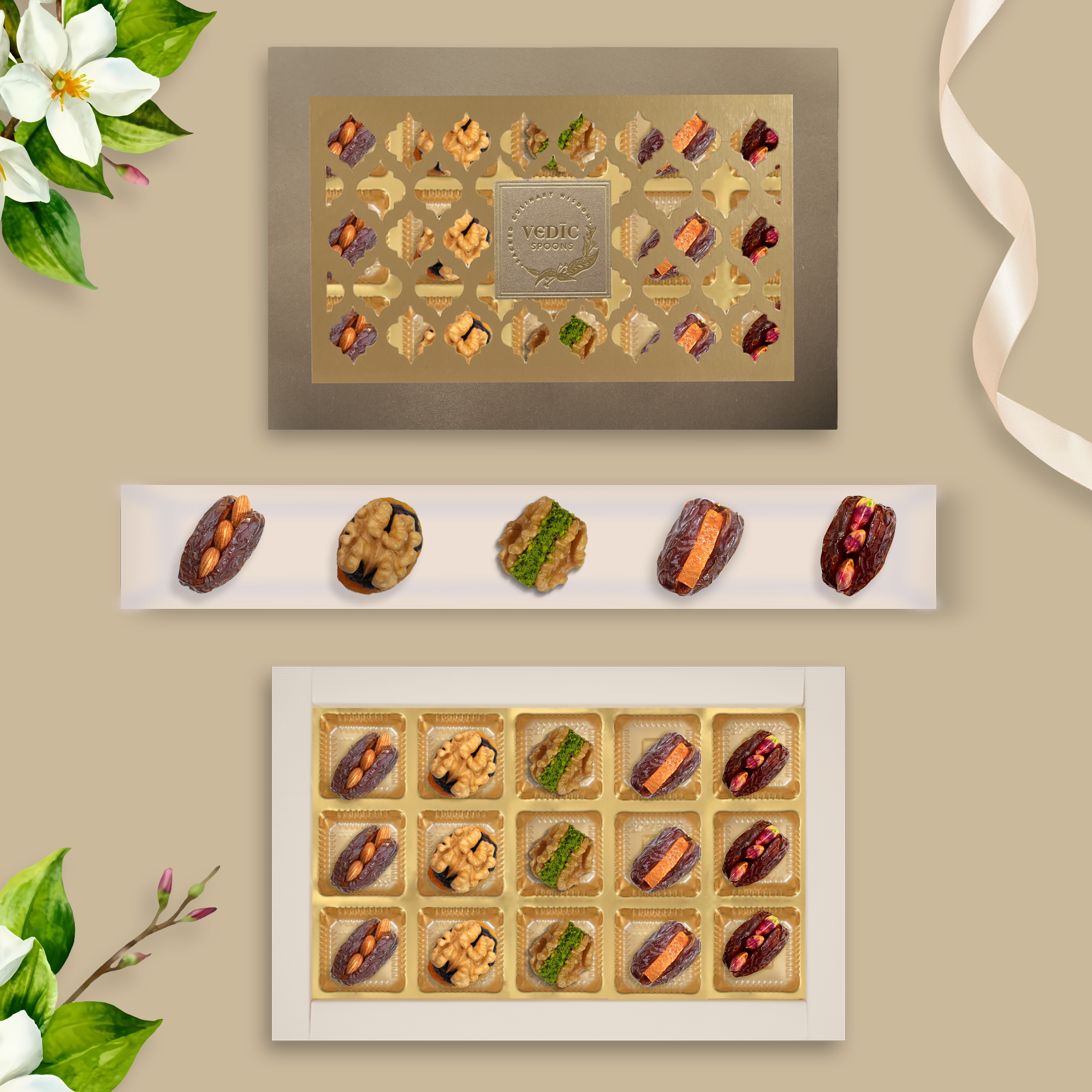 15 Pc Box Mejdool Badam + Mejdool Pista + Mejdool Candid Orange+ Walnut Apricot With Raisins + Walnut Anjeer Pistachio