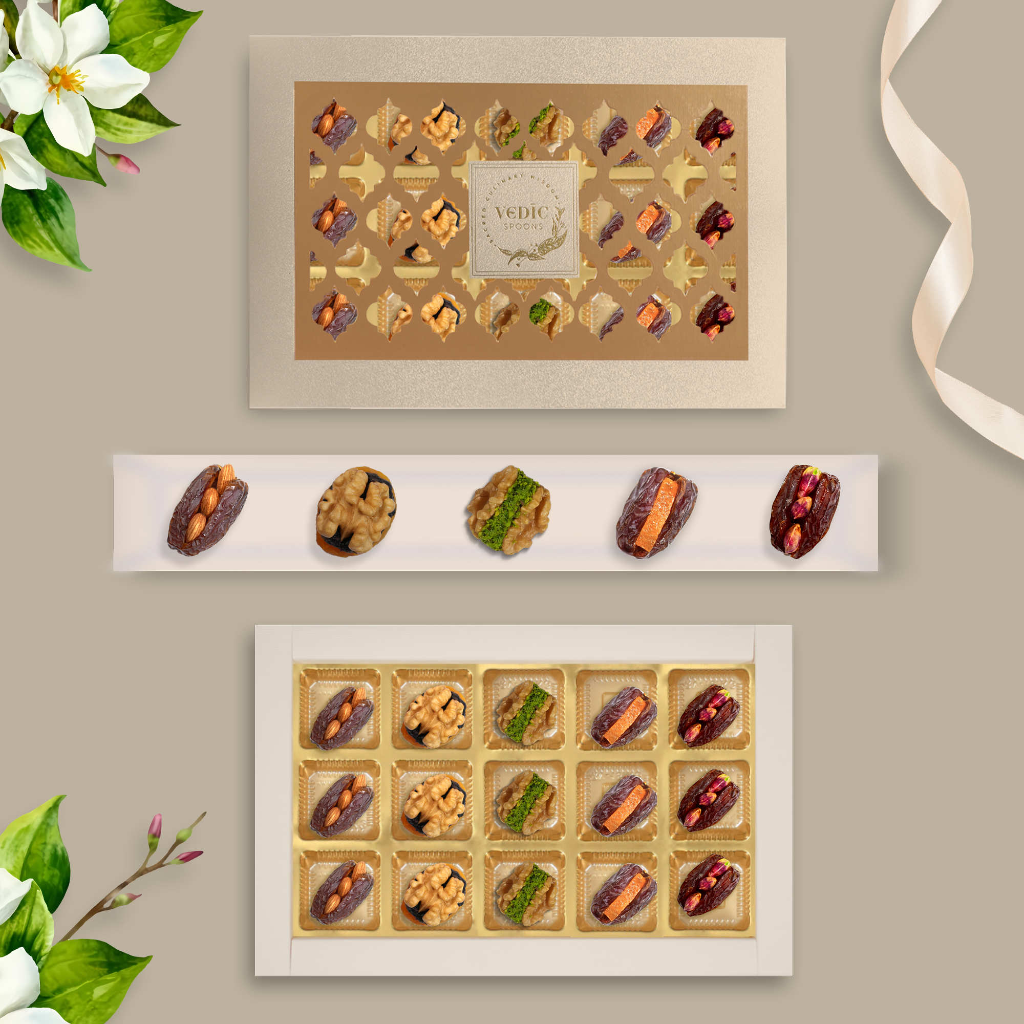 15 Pc Box Mejdool Badam + Mejdool Pista + Mejdool Candid Orange+ Walnut Apricot With Raisins + Walnut Anjeer Pistachio
