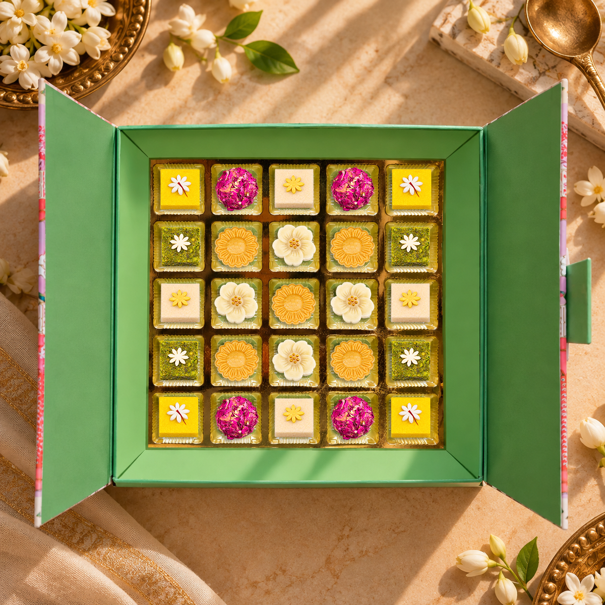 25 Pc Box Kesar Katli + Mamra Badam Katli + Pishori Pista Lodge + Nolen Gur Peda with Caramel + Kaju Flower + Gulab Gulkand