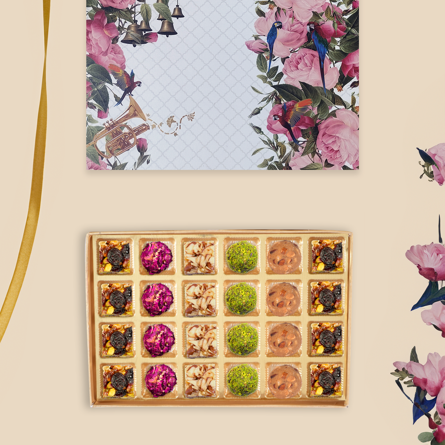 24 pc Box Gulab Gulkand +Pistachi Cranberry + Gond Badam Laddoo+ Rose Almond Pistacio (Copy)