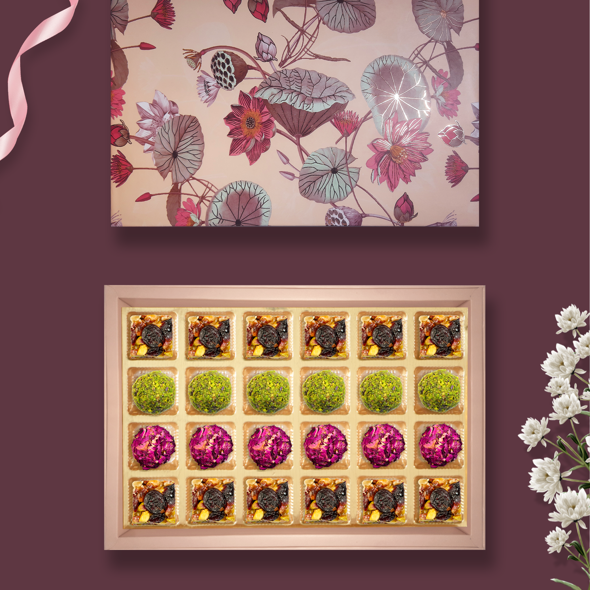 24 pc Box Gulab Gulkand+Pistachi Cranberry+Rose Almond Pistachio