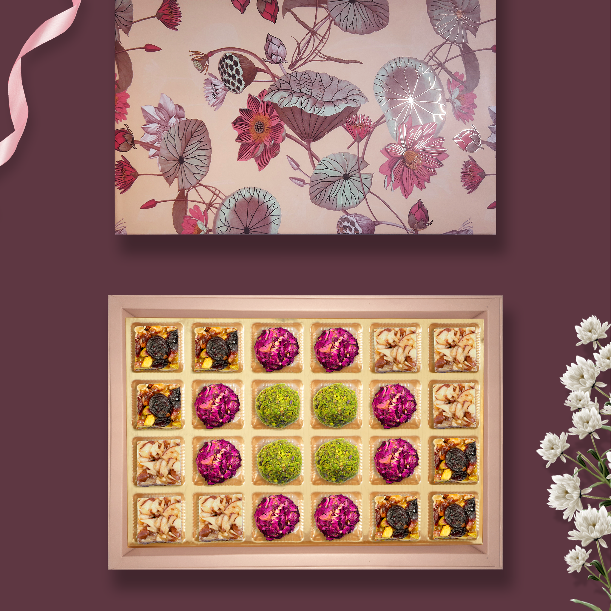 24 pc Box   Pistachi Cranberry +Gulab Gulkand + Rose Almond Pistacio + Roasted Almond