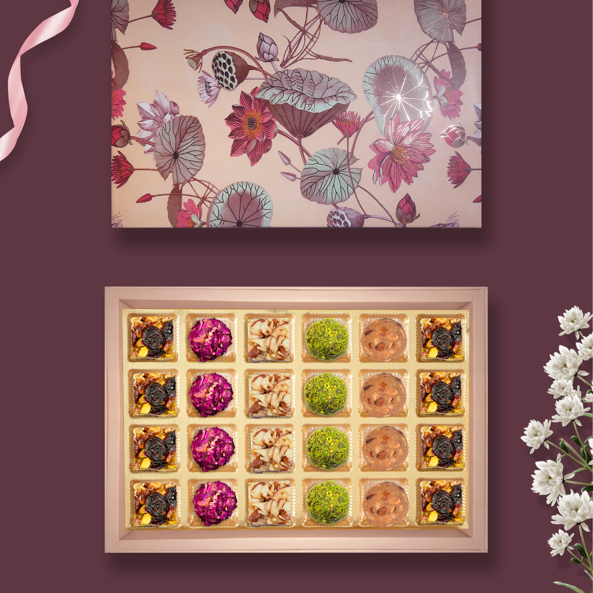 24 pc Box    Pistachi Cranberry +Gulab Gulkand + Rose Almond Pistacio + Roasted Almond