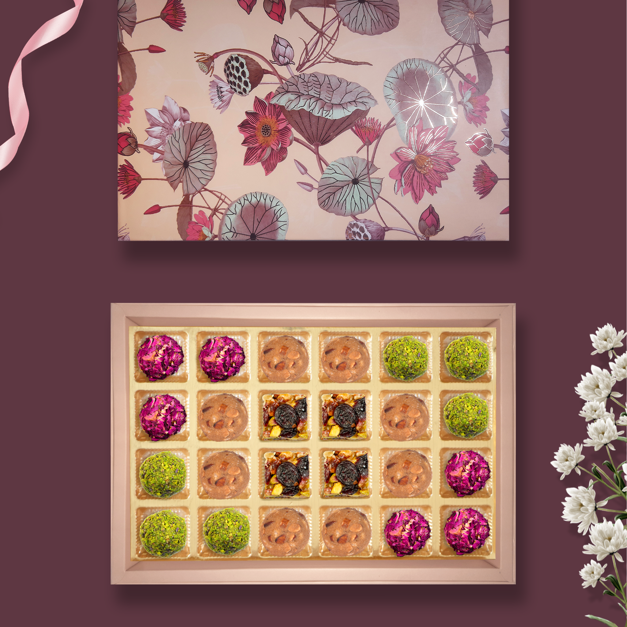 24 pc Box Gulab Gulkand +Pistachi Cranberry + Gond Badam Laddoo+ Rose Almond Pistacio
