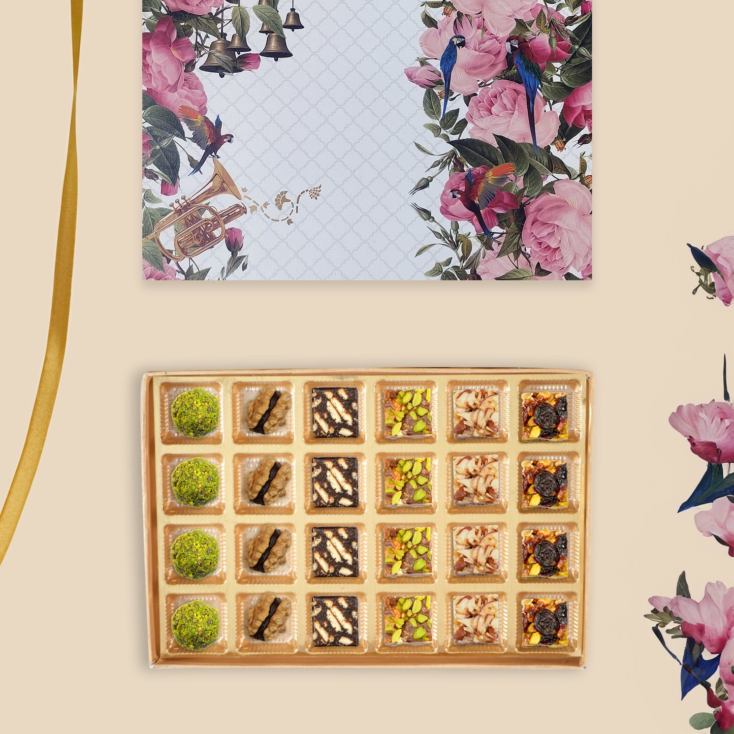 24 pc Box Rose Almond Pistacio +Walnut Date Coco +Date Coffee Cookiee +Date DryFruit +Rosted Almond+Pistachi Cranberry