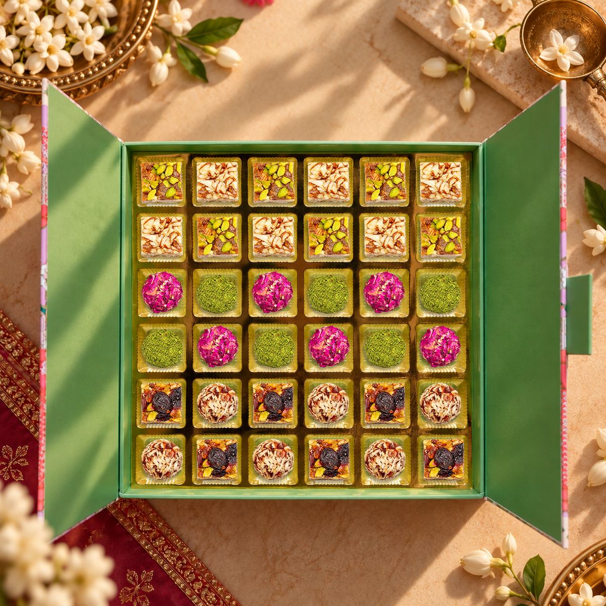 36 Pc Box Date Dryfruit + Roasted Almonds + Gulab Gulkand + Rose Almond Pista Ball + Pistachio Cranberry + Date Mukhwas