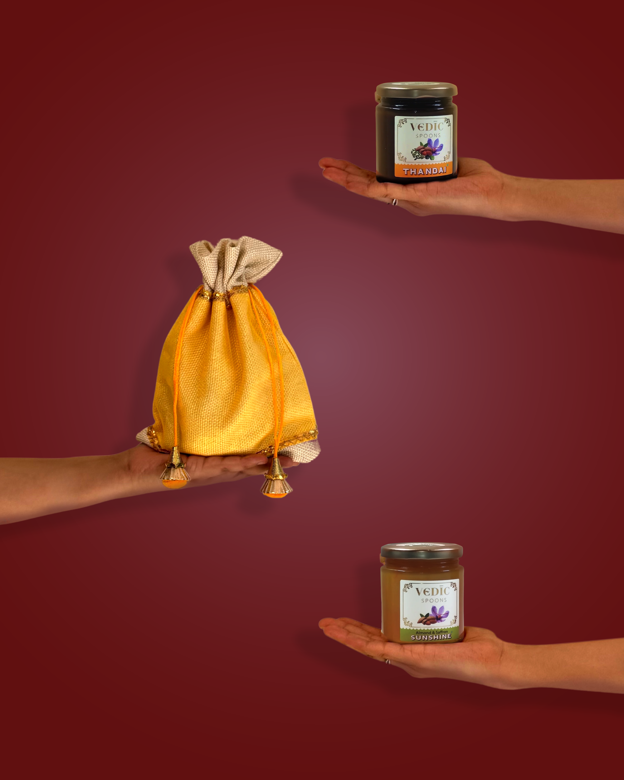 Almond Saffron Sunshine & Authentic Thandai 260gm Bottles in a Potli