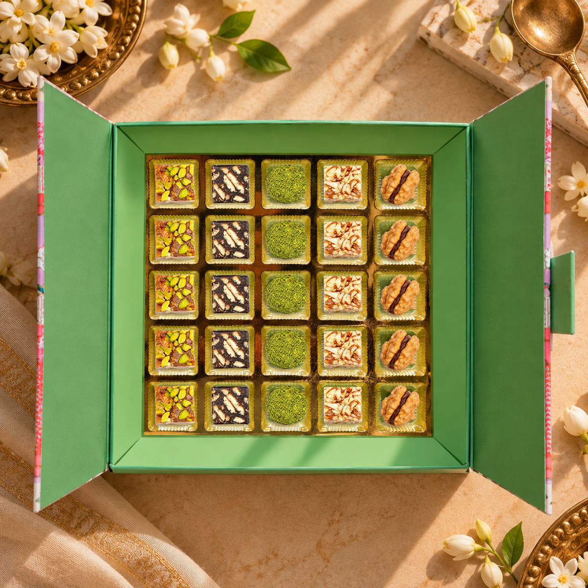 25 Pc Box Date Dryfruit + Date Coffee Cookie + Rose Almond Pista Ball + Roasted Almond + Walnut Date Coco