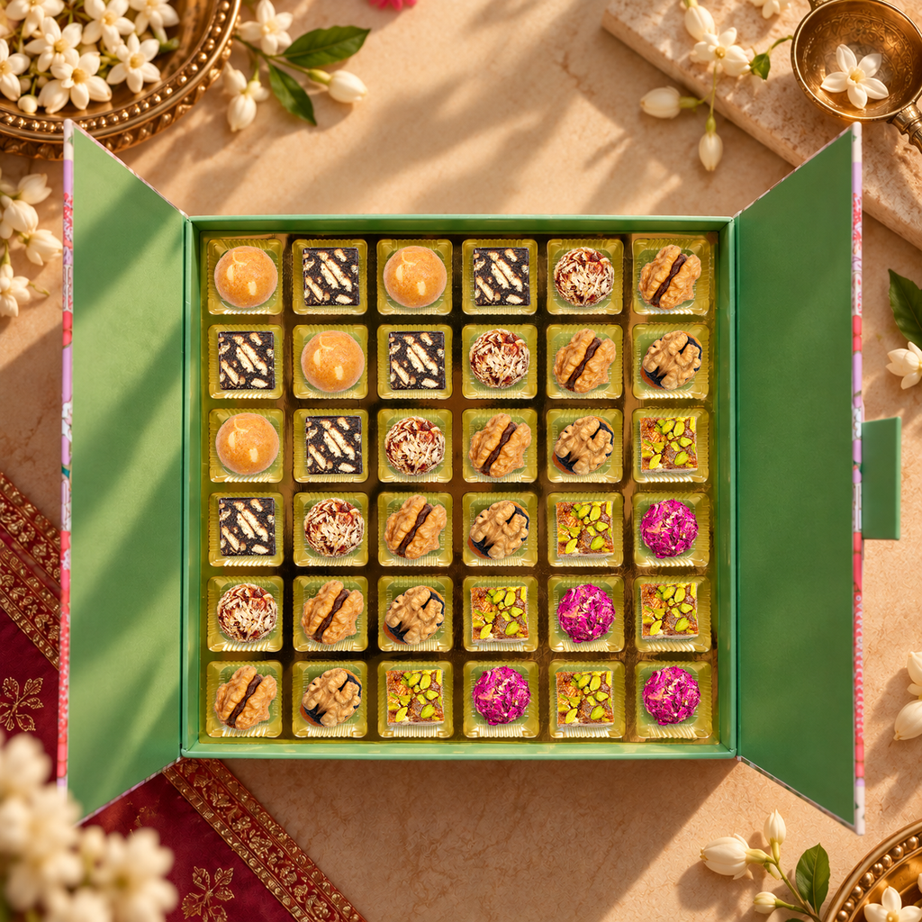 36 Pc Box Walnut Date Coco + Date Coffee Cookie + Date Mukhwas + Walnut Apricot with Raisins + Date Dry Fruit + Gulab Gulkand + Besan Laddoo