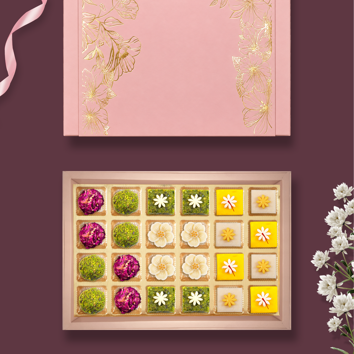 24 pc Box Gulab Gulkand  + Rose Almond Pistacio+ Pista Lodge +Kaju Flower+Kesar Katli +Mamra Badam Katli