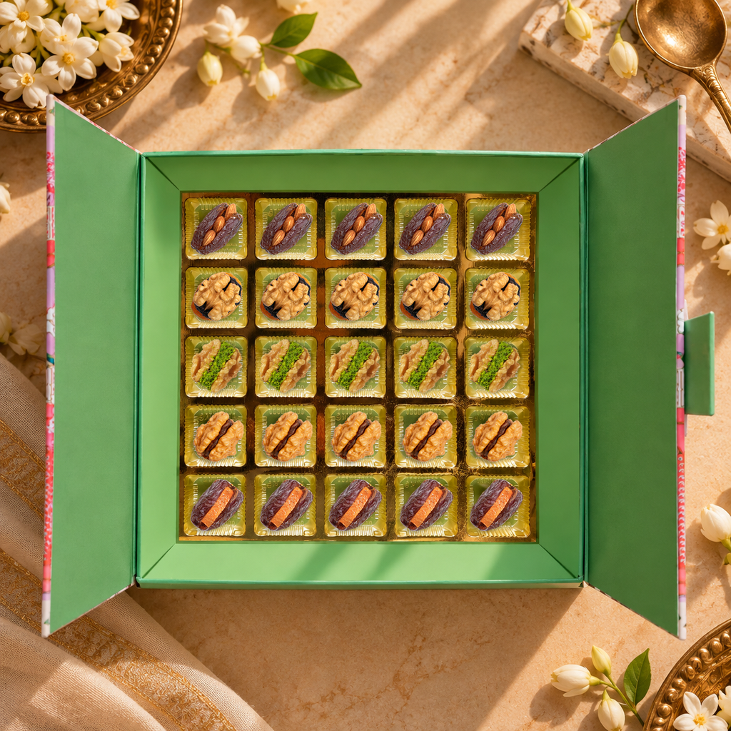 25 Pc Box Medjool with Almond + Medjool with Candid Orange + Walnut Date Coco + Walnut Apricot with Raisins + Walnut Anjeer with Pishori Pista