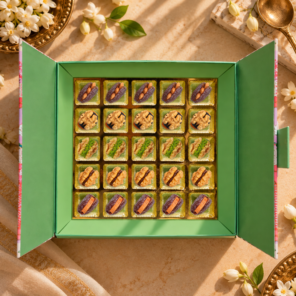 25 Pc Box Medjool with Almond + Medjool with Candid Orange + Walnut Date Coco + Walnut Apricot with Raisins + Walnut Anjeer with Pishori Pista