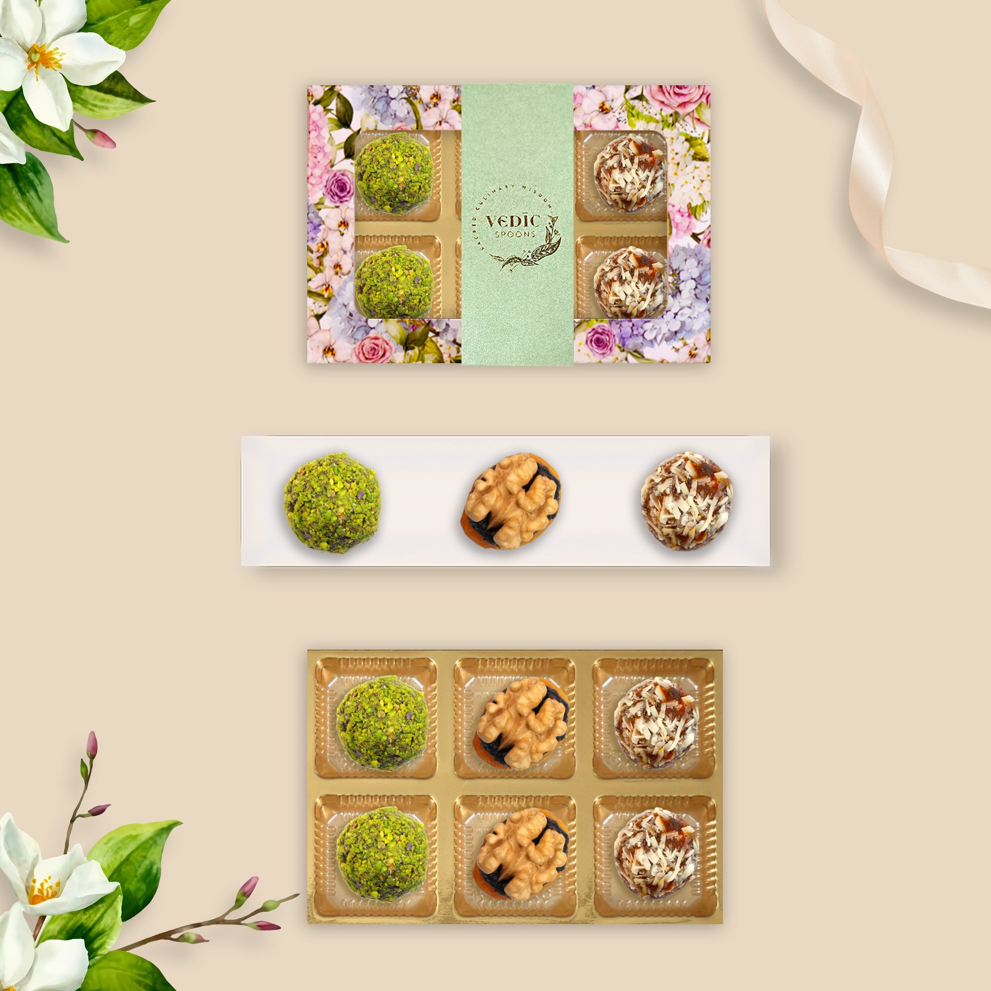 6 Pc Box  Rose Almond  Pistacio + Walnut Apricot + Date Mukhwas