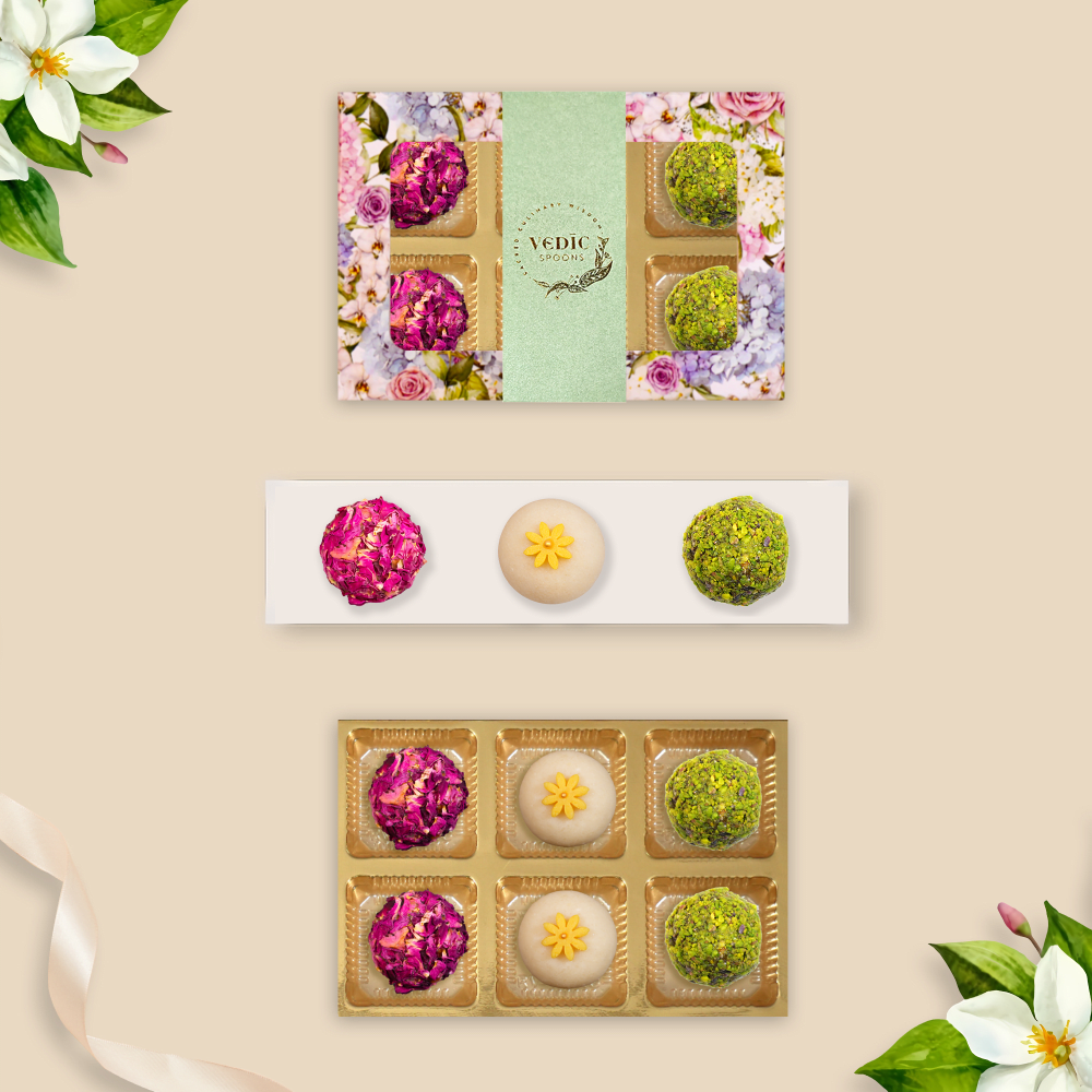 6 Pc Box - Gulab Gulkand Ball + Crunchy Almond Ball + Rose Almond Pista Ball