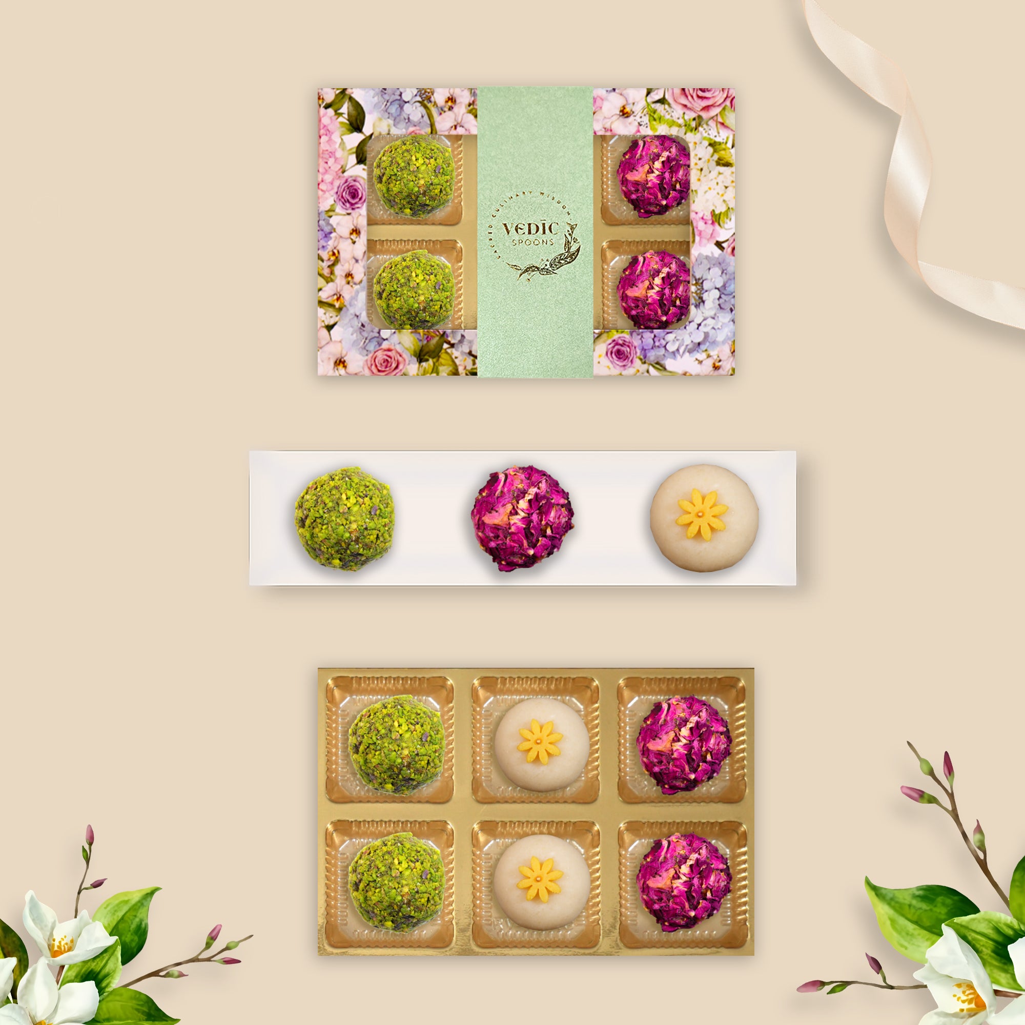 6 Pc Box  2 Rose Almond Pistacio + 2 Gulab Gulkand + 2 Crunch Badam Ball