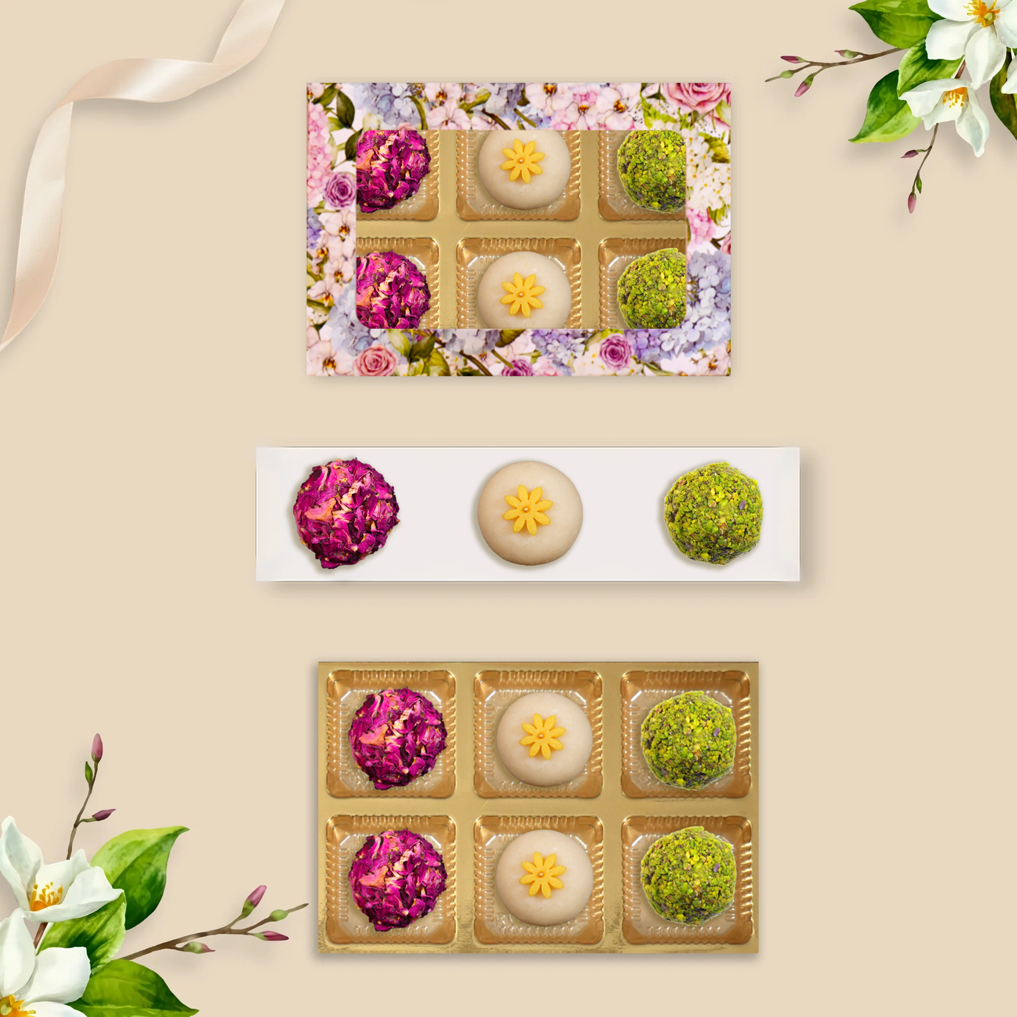 6 Pc Box (Rose Almond  Pistacio, Gulab Gulkand, Crunchy Almond Laddoo)