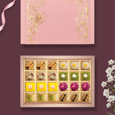 24 pc Box Walnut Date Coco + Crunch Badam Ball + Date Mukhwas+Gulab Gulkand+ Kesaria Badam Katli+Pishori Pista Lodge +Besan Chakkai+Walnut Apricot With Rasins