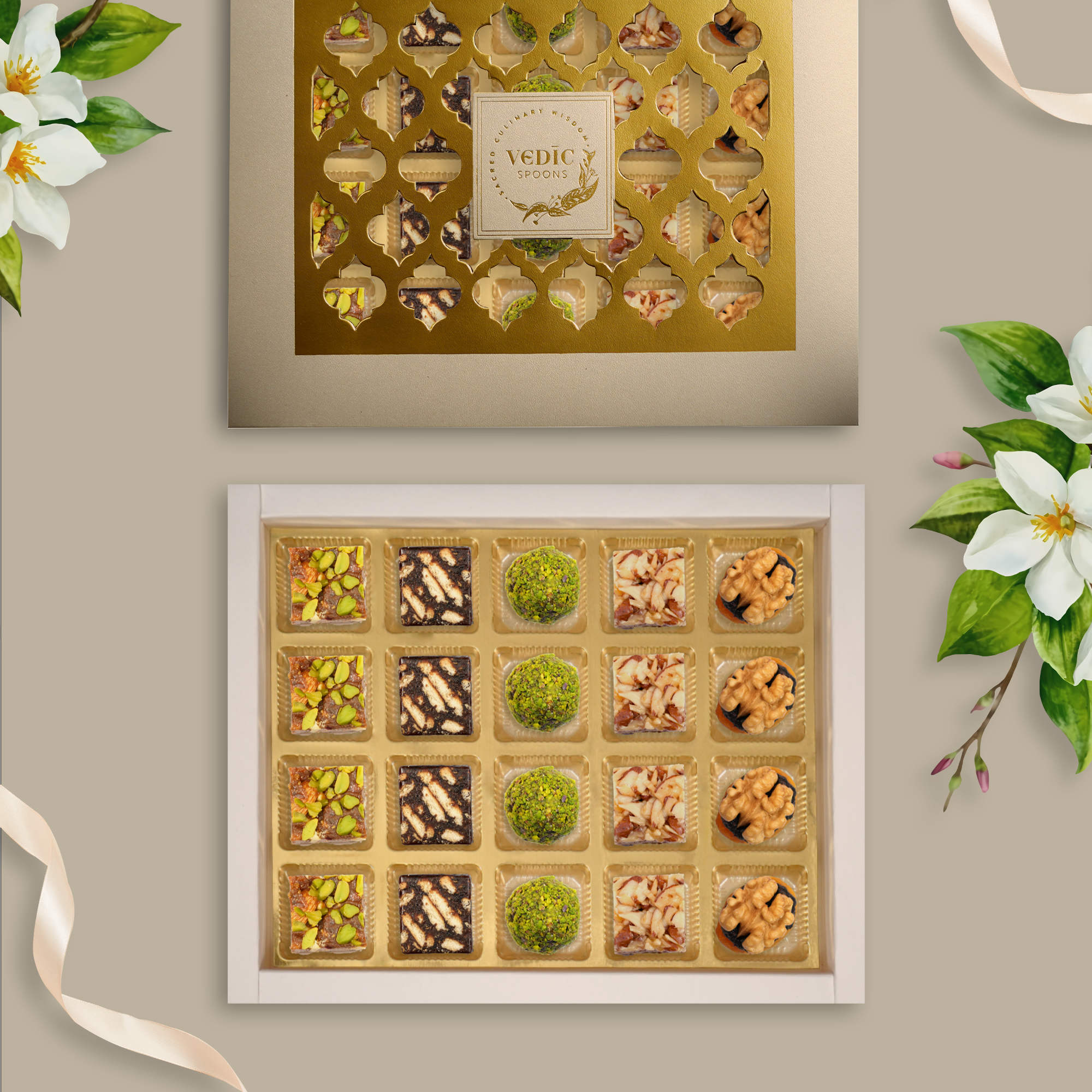 20 pc box Date Dry Fruit + Date Coffee Cookiee + Rose Almond Pistacio + Walnut Apricot with Raisin  + Roasted Almond