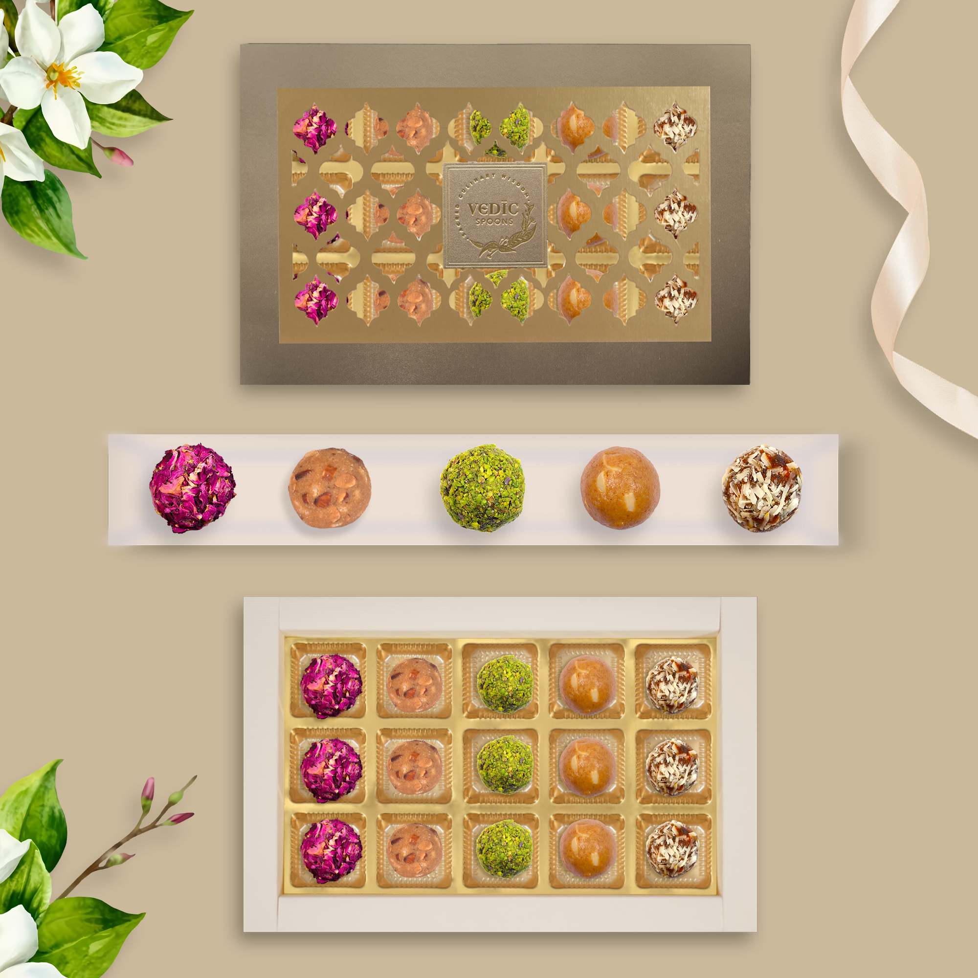 15 Pc Box Gulab Gulkand + Gond Badam Laddoo + Rose Almond Pistacio + Besan Laddoo + Date Mukhwas