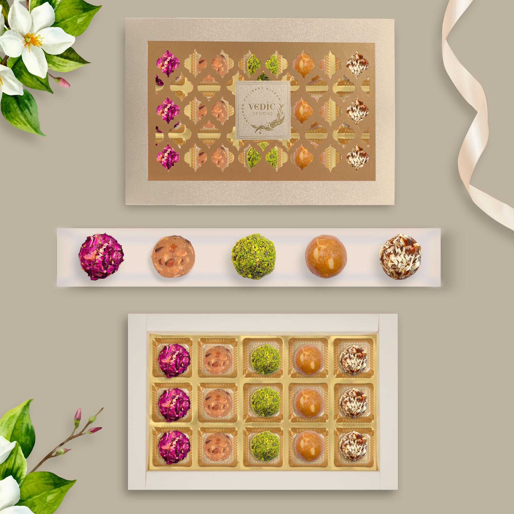 15 Pc Box Gulab Gulkand + Gond Badam Laddoo + Rose Almond Pistacio + Besan Laddoo + Date Mukhwas