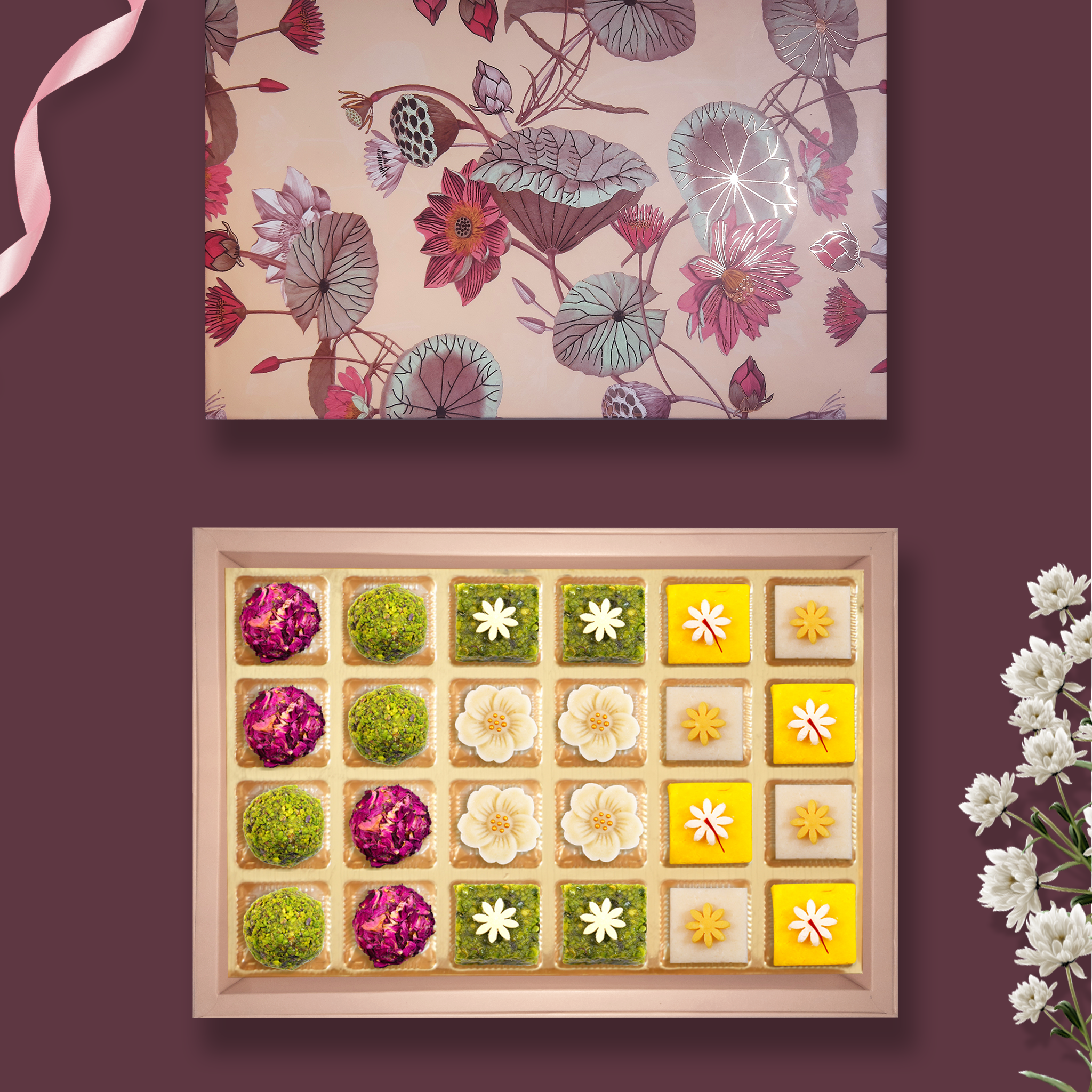 24 pc Box Gulab Gulkand  + Rose Almond Pistacio+ Pista Lodge +Kaju Flower+Kesar Katli +Mamra Badam Katli
