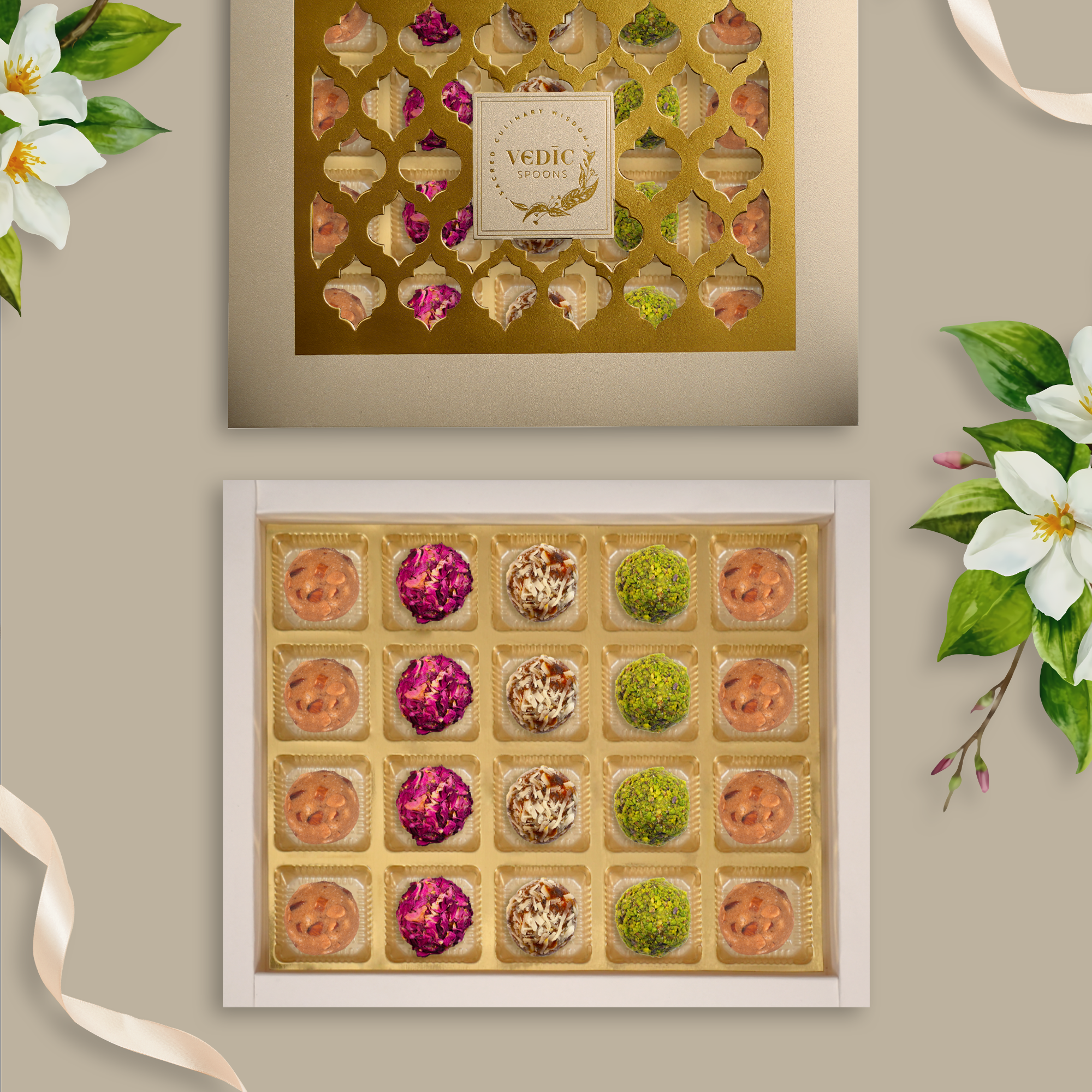 20 pc Box: Gond Badam Laddoo+ Gulab Gulkand Ladoo+ Date Mukhwas + Rose Almond Pistacio Balls