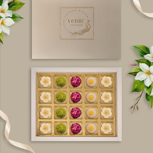 20 pc Box Kaju Flower+Rose Almond Pistacio Balls +Gulab Gulkand Laddoo + Crunchy Almond + Badam Flower