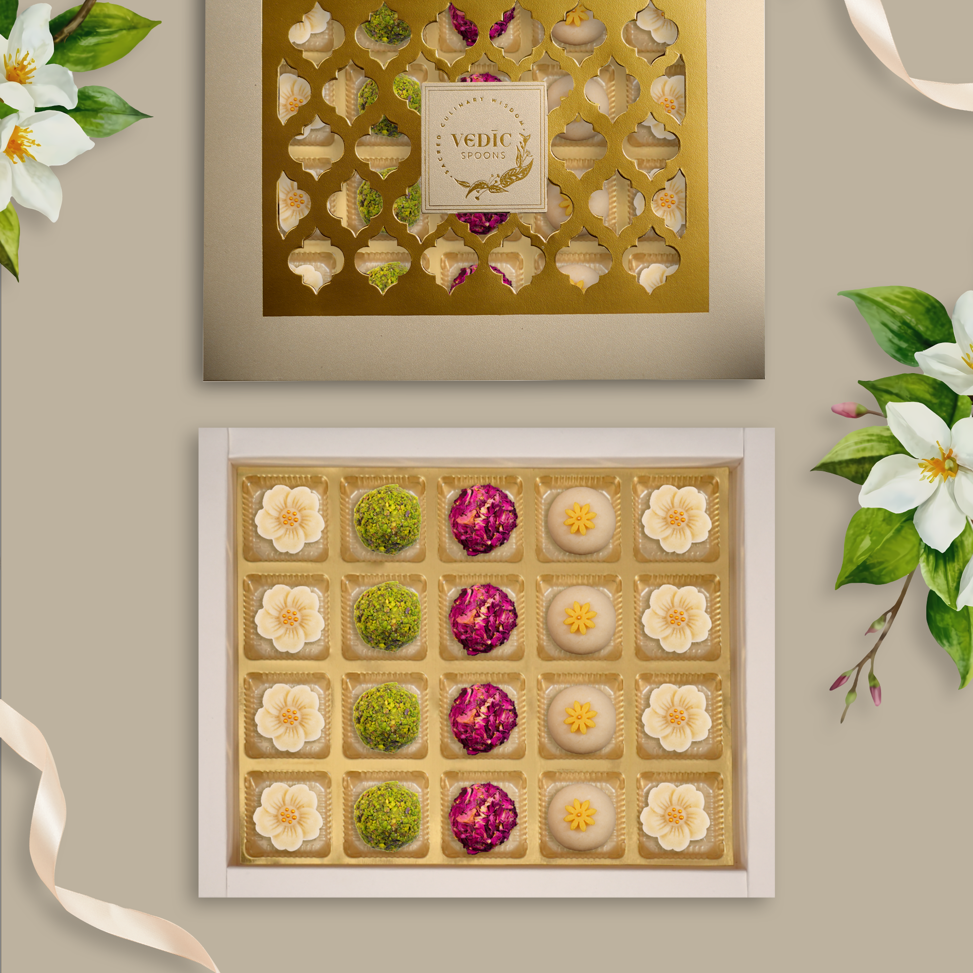 20 pc Box Kaju Flower+Rose Almond Pistacio Balls +Gulab Gulkand Laddoo + Crunchy Almond + Badam Flower