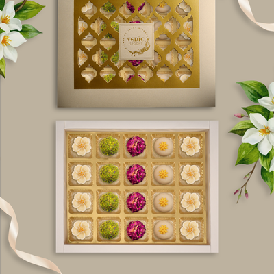 20 pc Box Kaju Flower+Rose Almond Pistacio Balls +Gulab Gulkand Laddoo + Crunchy Almond + Badam Flower