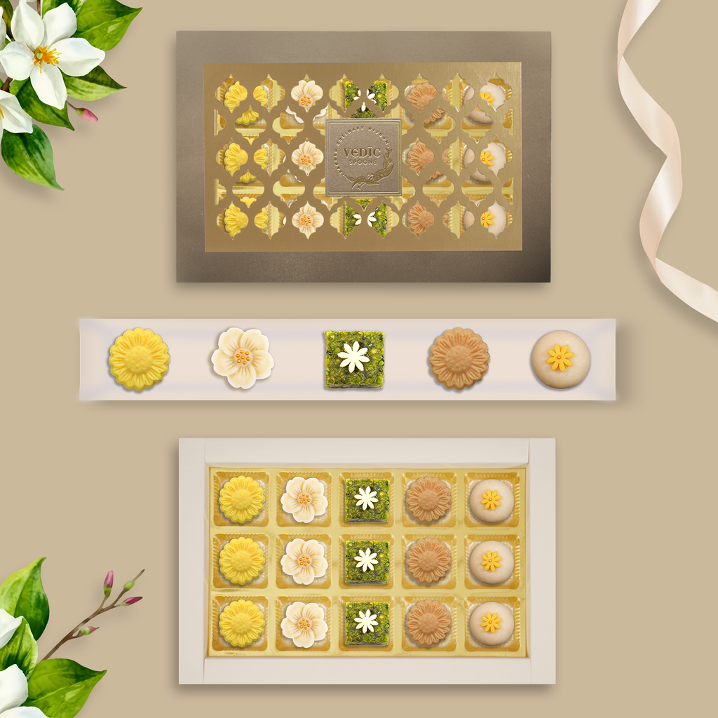 15 Pc Box  Kesar Peda with Pista, Kaju Flower, Pishori Pista, Nolen Gur Peda with Walnut+ Crunchy Almond Laddoo