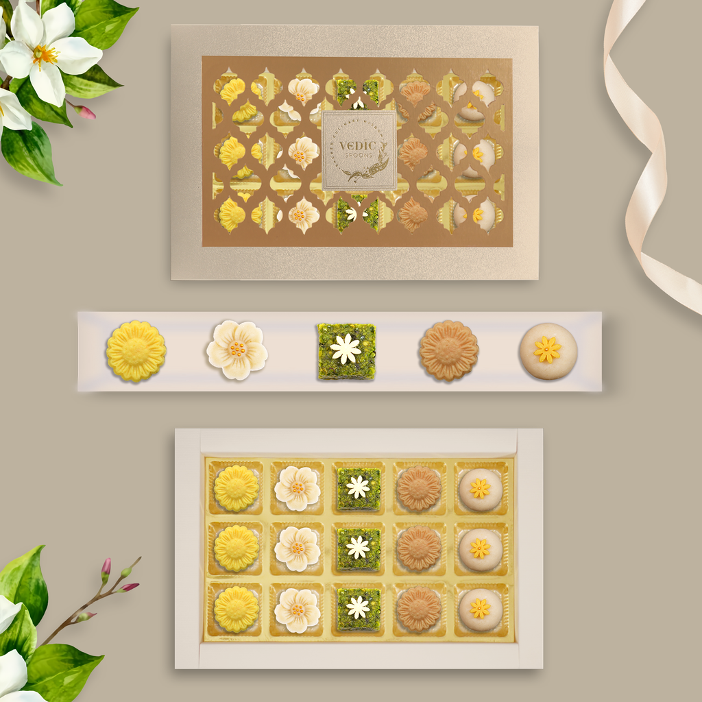 15 Pc Box  Kesar Peda with Pista, Kaju Flower, Pishori Pista, Nolen Gur Peda with Walnut+ Crunchy Almond Laddoo