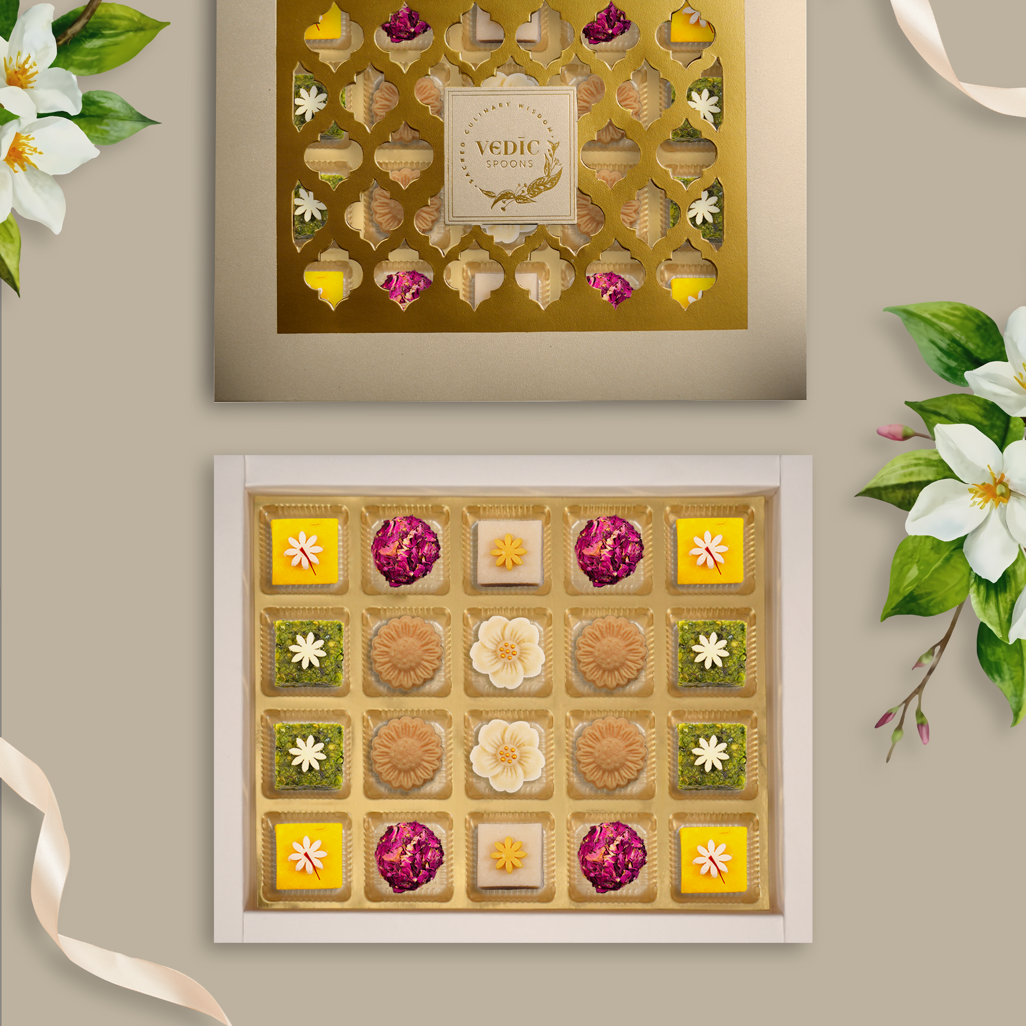 20 pc Box Kesar Katli + Gulab Gulkand + Kaju Flower + Pista Lodge  + Nolen Gur peda with Walnut + Mamra Badam Katli