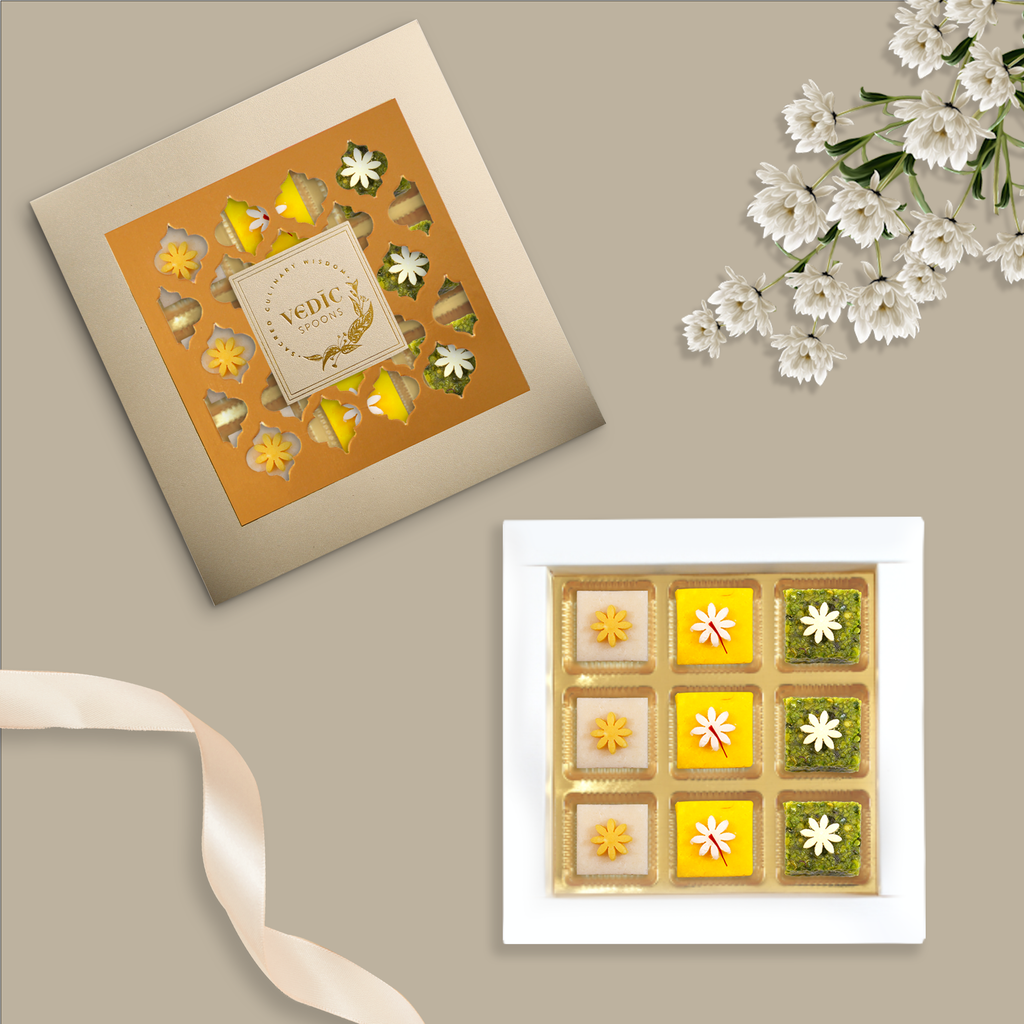 9 pc Box Kesariya Katli + Pishori Pista Loge + Mamra Badam Katli