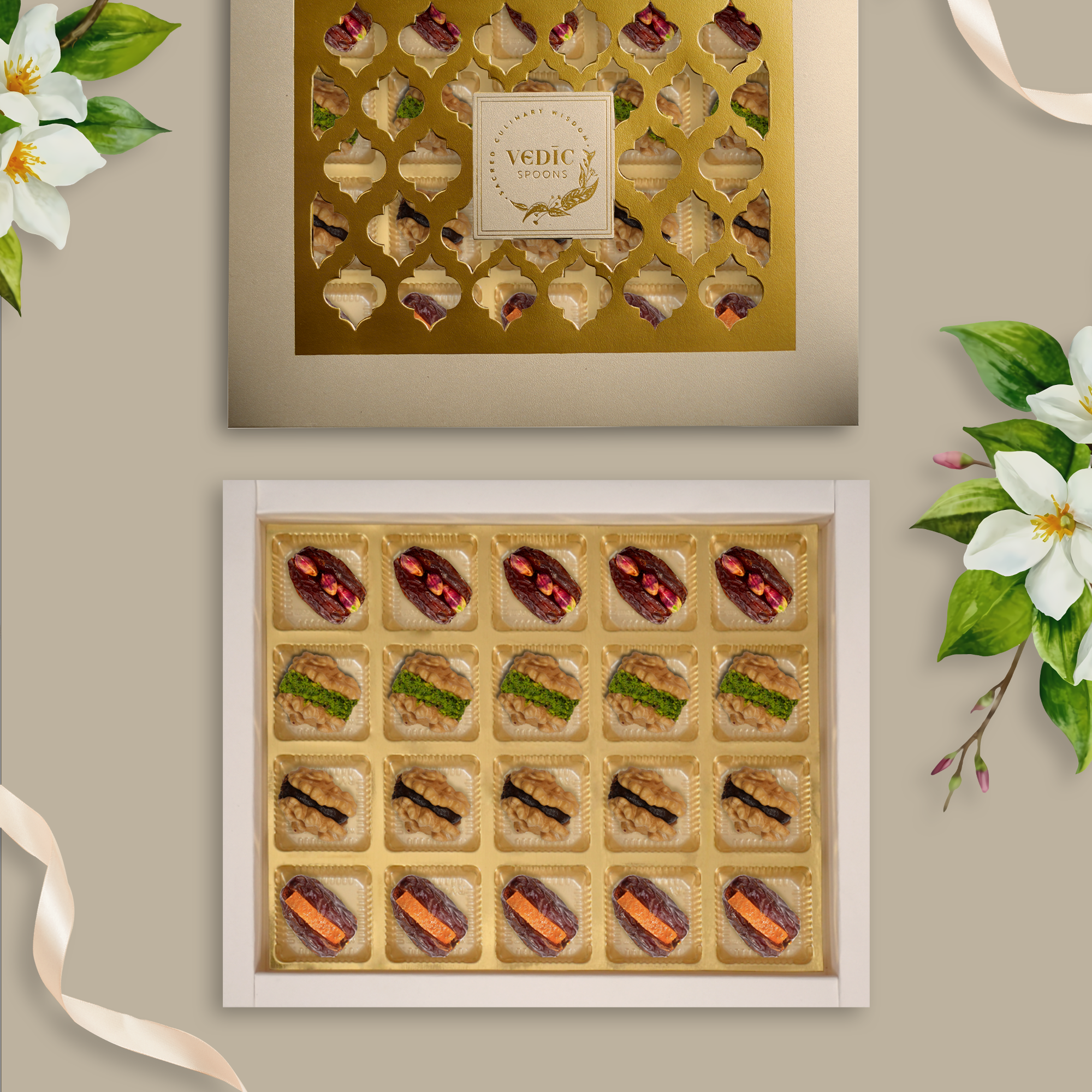 20 pc Box Mejdool Date with Pistachio, Walnut Anjeer Pista, Walnut date Coco, Mejdool Date with Orange