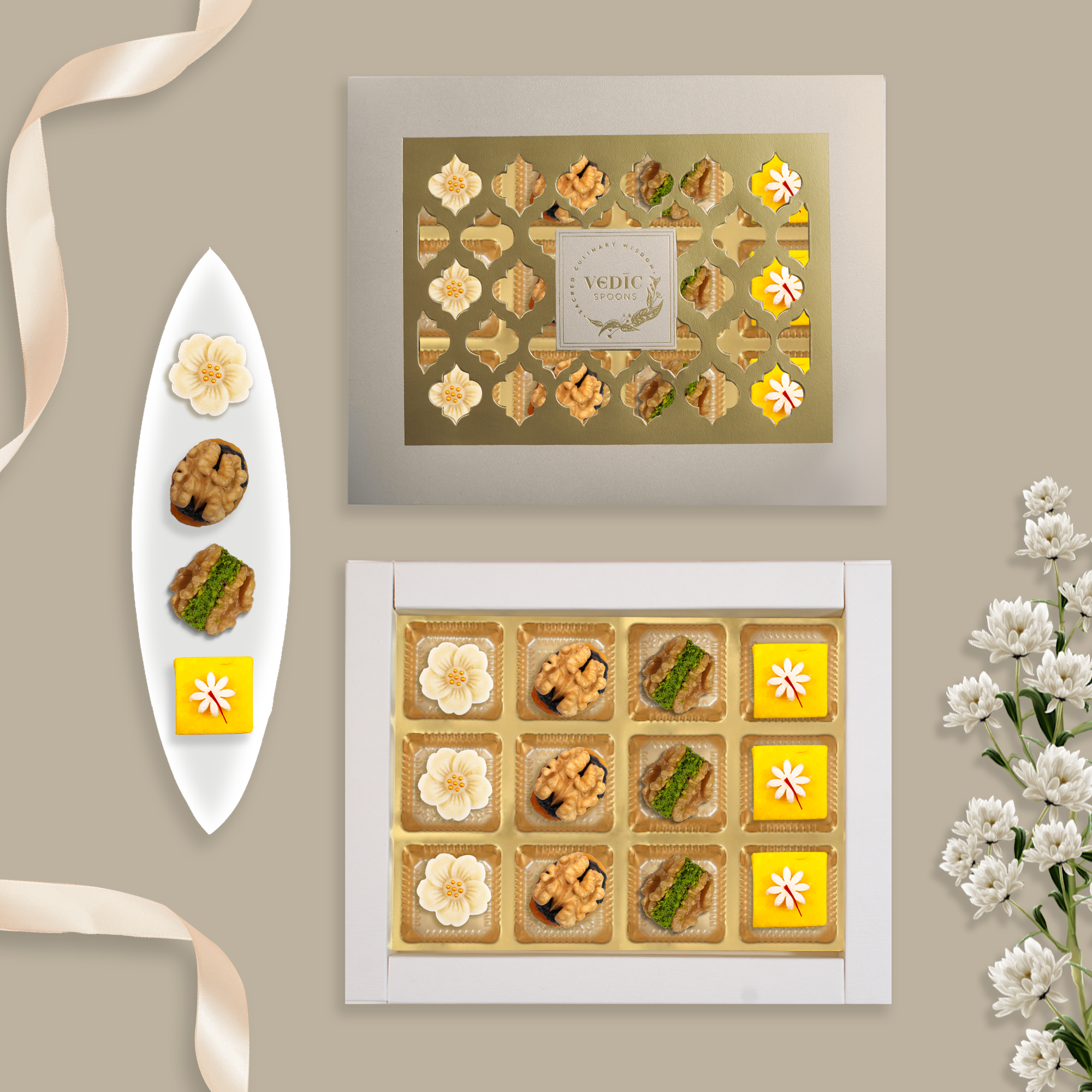 12 Pc Box Badam Flower, Kesar Katli, Walnut Apricot Raisins, Walnut Anjeer Pistachio
