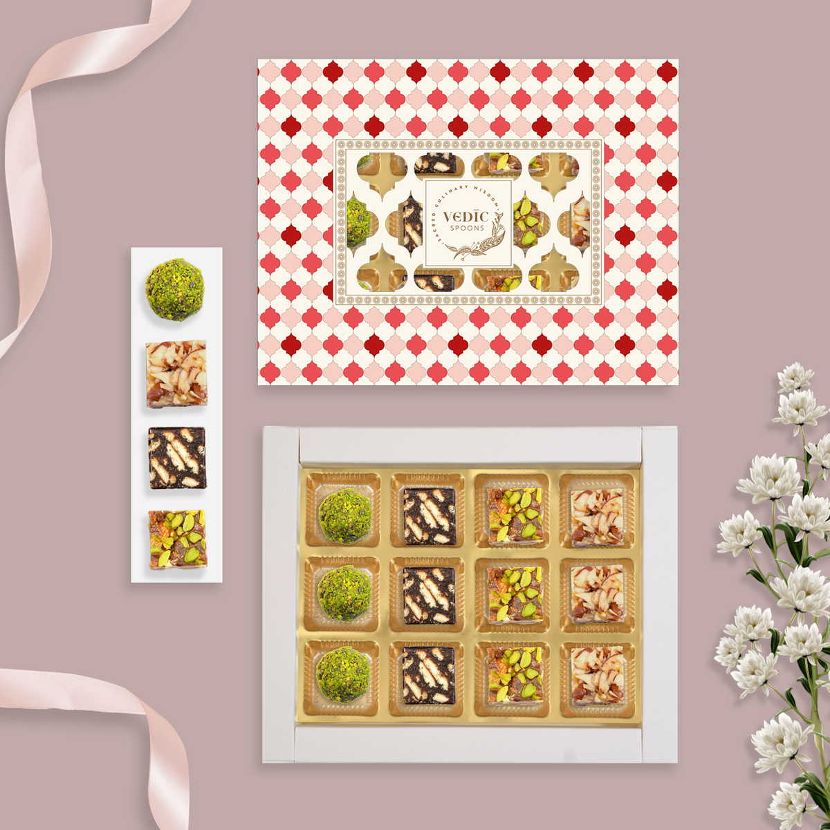 12 Pc Box   Rose Almond Pistacio + Date Coffee Cookiee +Date Dry Fruit + Roasted Almond