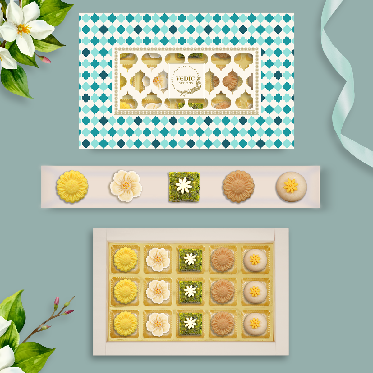15 Pc Box  Kesar Peda with Pista, Kaju Flower, Pishori Pista, Nolen Gur Peda with Walnut+ Crunchy Almond Laddoo