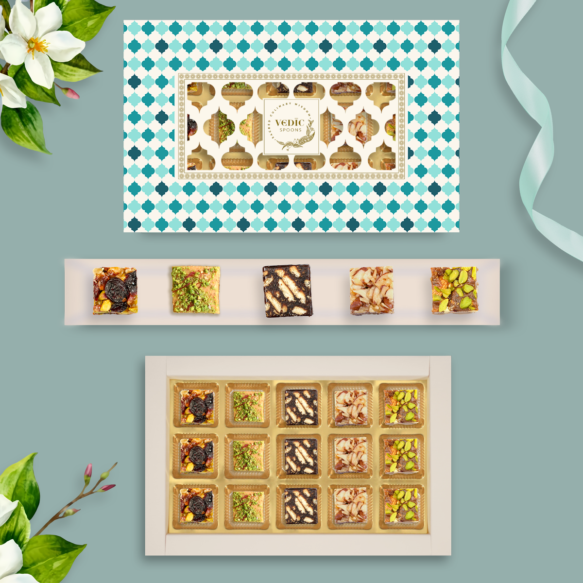 15 Pc Box Pistachi Cranberry + Besan Chakki + Date Coffee Cokiee + Roasted Almond+ Date Dry Fruit