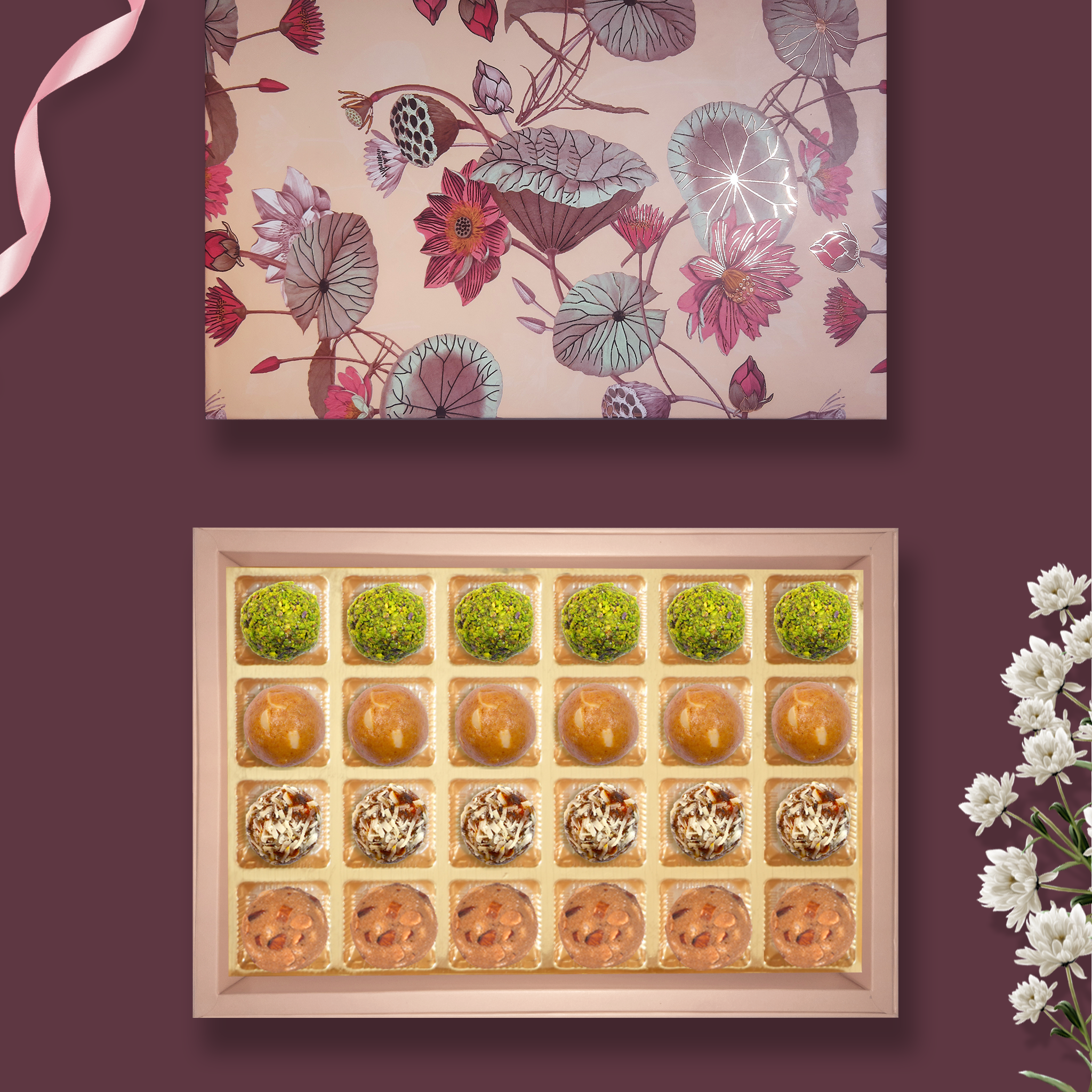 24 pc Box  Rose Almond Laddoo +Besan Laddoo+Date Mukhwas +Gond Badam Laddoo