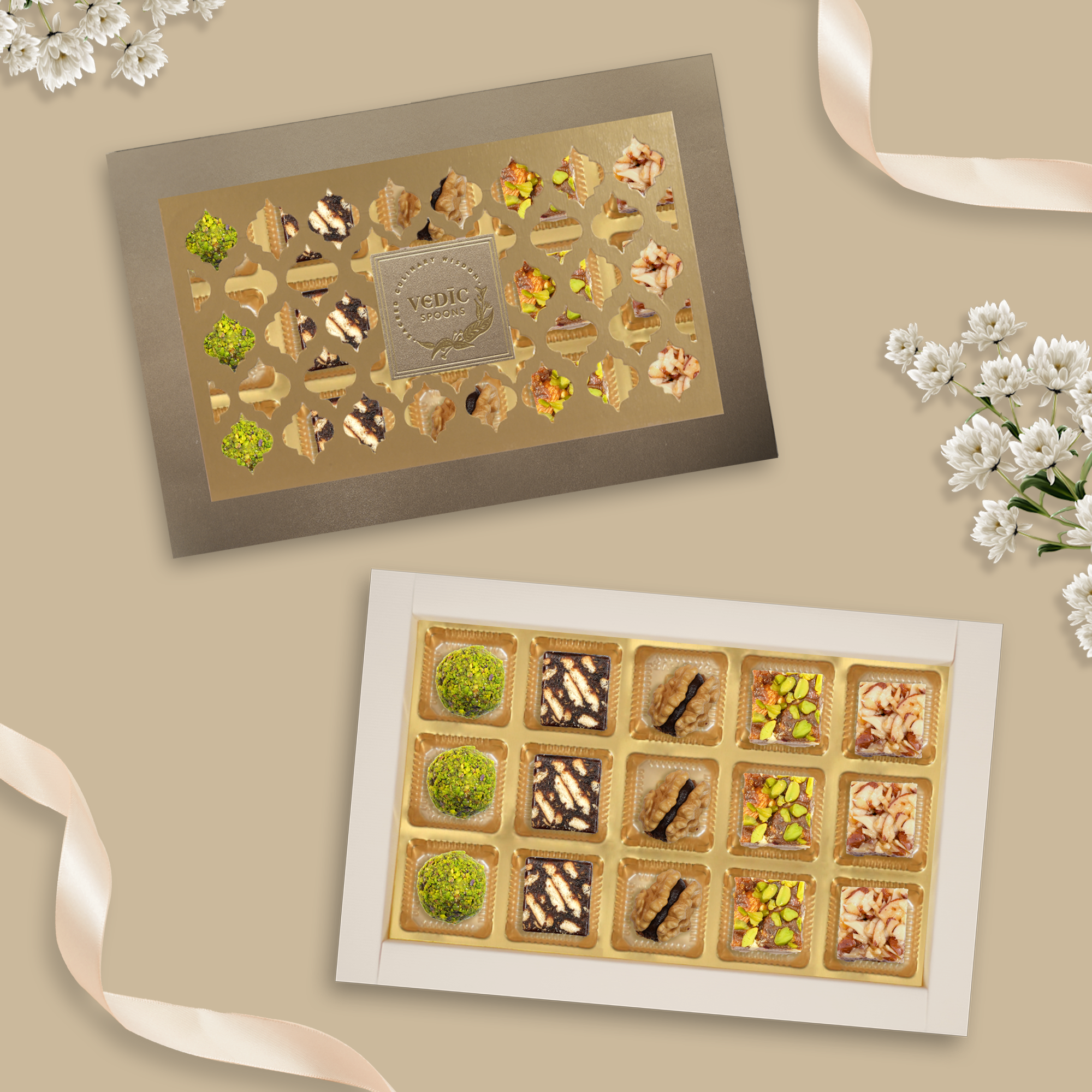 15 Pc Box Rose Almond Pistacio + Date Coffee Cookiee + Walnut Date Coco + Date Dry Fruit + Rosted Almond