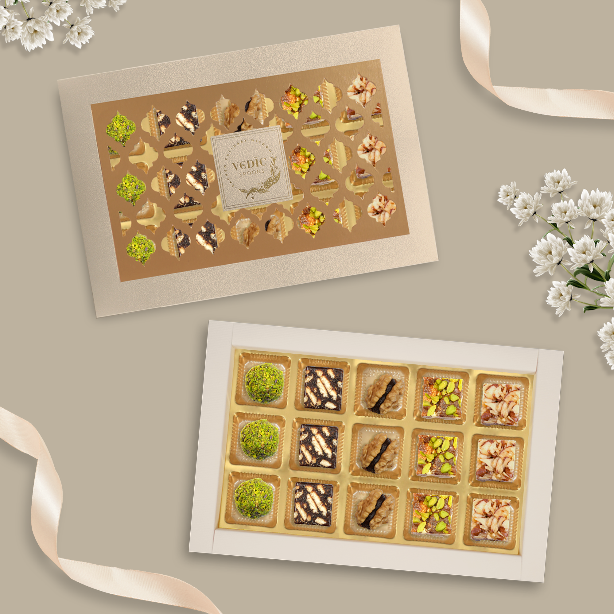 15 Pc Box Rose Almond Pistacio + Date Coffee Cookiee + Walnut Date Coco + Date Dry Fruit + Rosted Almond